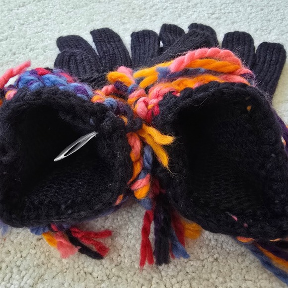 Vintage Black Knit Gloves Colorful Tassel Fringe Cuff Warm Winter Cozy - Picture 6 of 9